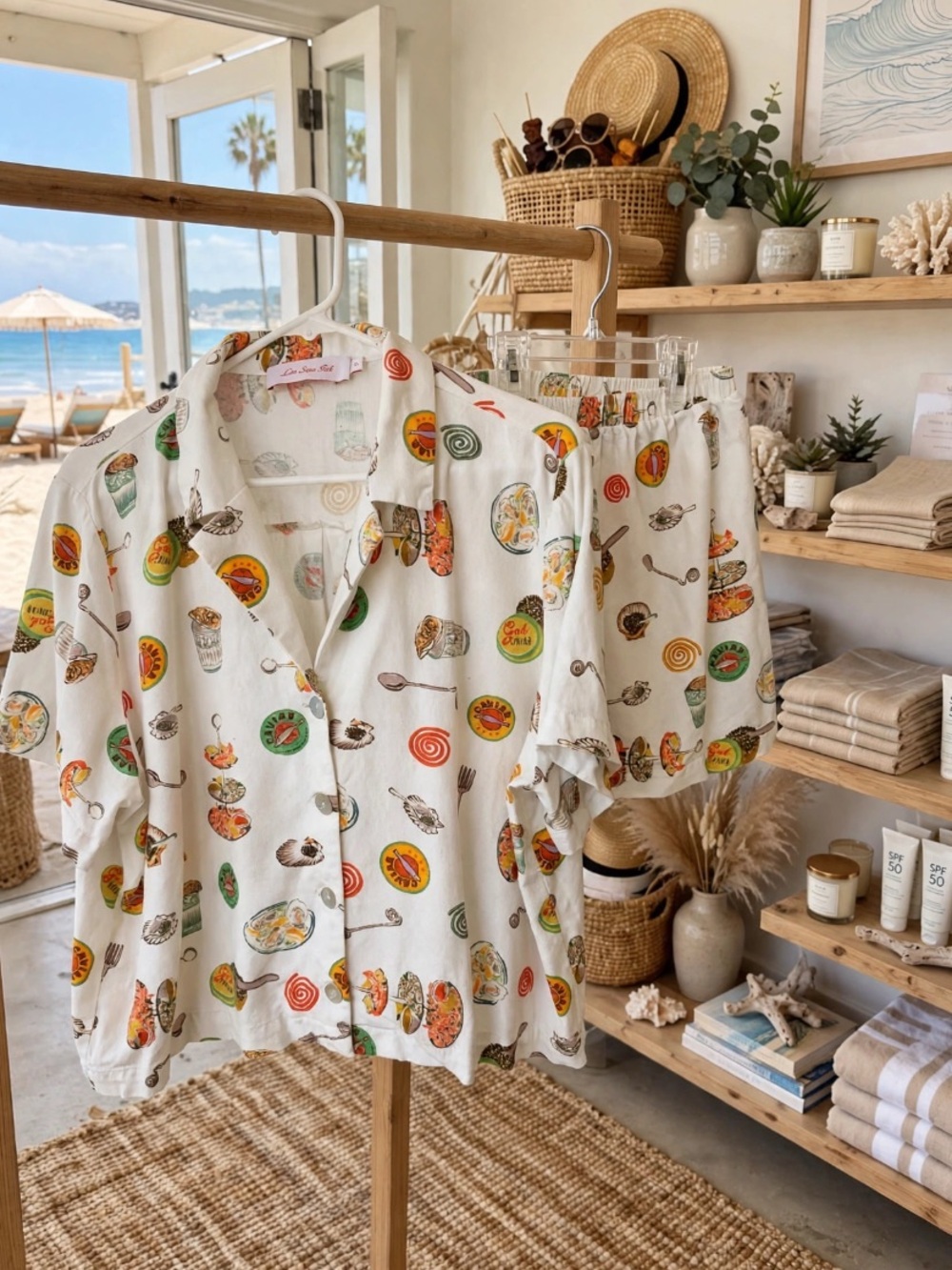 Lisa Says Gah Cream Button-Front Short Sleeve Top, Shorts Caviar Print XL